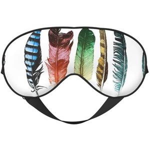 Kleurrijke handgetekende veren op wit slaapmasker, oogmasker om te slapen, volledig verstelbare oogbedekking voor vrouwen/mannen