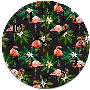 Roze flamingo en exotische bladeren patroon wandklok stille niet-tikkende batterij aangedreven gemakkelijk te lezen klok voor thuiskantoor woonkamer decoratie