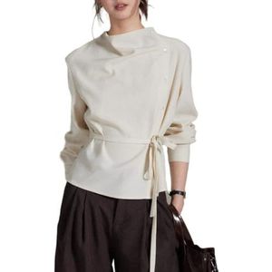 LoprNsdgt Dames Asymmetrische Kraag Overhemd Met Knopen En Strik Voorzijde Herfst Modieuze Zakelijke Cropped Blouses,Apricot,L