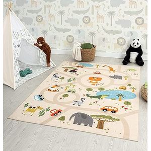 The Carpet Happy Life Speelkleed, tapijt voor kinderkamer, wasbaar, verkeersmat met straten, jungle, dieren, auto‘s, beige, 140 x 200 cm