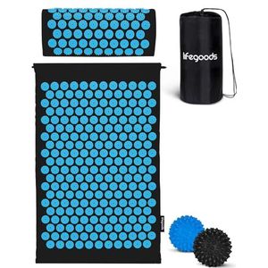 LifeGoods Acupressuur Mat met Kussen, 2x Triggerpoint Massage Ballen en Draagtas | Spijkermat voor Ontspanning en Pijnverlichting | Acupunctuur Massage Set | Lotus Shakti Mat | Zwart & Groen