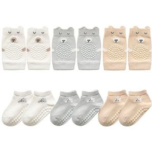 FedMois 3 Paar Kniebeschermers voor Kruipen + 3 Paar Baby kinderen Sokken met Anti Slip Grip Katoen Dierenmotieven, grijs, wit en beige, 9-18 maanden