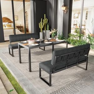 Idemon Set aluminium eettafel en stoelen, zes zitplaatsen, grote capaciteit, met afneembare en wasbare rug- en zitkussen, tafel van kunststof met houtnerf, grijs