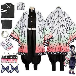 SZYDM Anime cosplay kostuum, Demon Slayer Kochou Shinobu kimono-outfit, Kimetsu No Yaiba mantel hoofdtooi volledige set Halloween feest verkleedpak, wit, XL