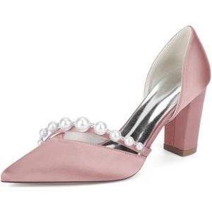 KYEGLO Damesmodieuze Instapschoenen Met Spitse Neus En Dikke Hakken Met Parel - Satijnen Bruidsmeisjesschoenen Met Gesloten Neus Voor Feestjes, Bruiloften, Cadeaus Voor Vrouwen,Roze,36 EU