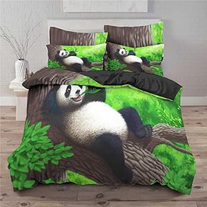 Dekbedovertrek 140 x 200 cm, panda, zwart, beddengoed voor eenpersoonsbed, met 2 kussenslopen 65 x 65 cm, hypoallergeen, kinderbeddengoedset met ritssluiting