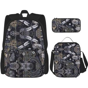 SUHNGE Digitale Camo Print 3 in 1 Boekentassen Sets Verstelbare Schouder Rugzak Lunch Tas Potlood Case Pouch Box, Libellen Grijs, Eén maat