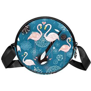 Ronde Crossbody Tas Flamingo Koppels Blauwe Boho Bloem Messenger Bag Purse voor Vrouwen, Meerkleurig, 6.7x6.7x2.3 in, Sling Rugzakken