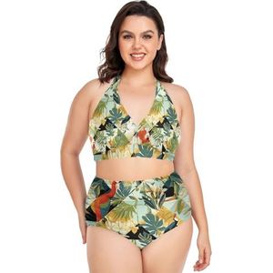 Tropische Palm Dier Papegaai Vogel Vrouwen Bikini Sets Plus Size Badpak Twee Stukken Hoge Taille Strandkleding Meisjes Badpakken, Pop Mode, 4XL