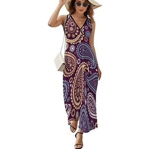 Vintage Paisley Casual Maxi-jurk Voor Vrouwen V-hals Zomerjurk Mouwloze Strandjurk L