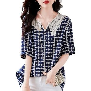Dameskleding mode vintage bedrukt kanten shirt dames zomer losse casual korte mouwen blouses, Donkerblauw, XXL