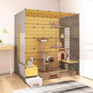 Indoor kattenkooi, konijnenhok, binnenkattenverblijf met kattenbak - ruim, eenvoudig te monteren, geschikt voor meerdere katachtige metgezellen (kleur: 4-delige set, maat: 183 x 141 x 183 cm)