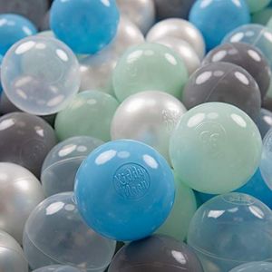 KiddyMoon 100 ∅ 7cm kinderballen speelballen voor ballenbad baby plastic ballen made in eu, parel/grijs/transparant/babyblauw/mint