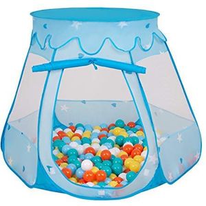 SELONIS Baby speeltent met plastic ballen, tent 105 x 90 cm / 100 ballen, plastic ballen voor kinderen, blauw: wit, geel, oranje, babyblauw, turquoise