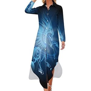 Lichtgevende Pegasus in Space Maxi-jurk voor dames, lange mouwen, overhemd met knopen, casual feest, lange jurken, M