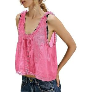 CupitiDU Vrouwen Mouwloze Ruches Kant Trim Chiffon Crop Top Scoop,Zomer Button Down Front Tie Mesh Ruches Flowy Crop Top, Roze Rood, L