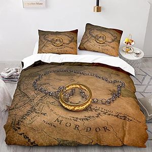 NICHIYOBI The Lord of The Rings Dekbedovertrek-beddengoedset, dekbedovertrek en kussensloop, microvezel, 3D digitale print, driedelig beddengoed (16, Single 135x200 cm)