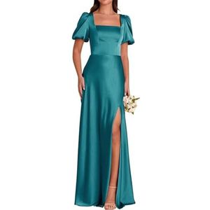 Satijnen galajurken met pofmouwen en split effen vloerlengte A-lijn korset formele avondjurk, Turkoois, 42