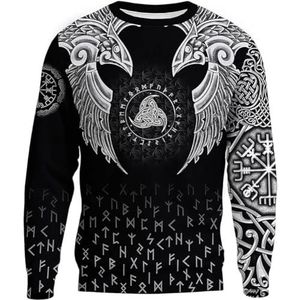 Nordic Valknut Odin Raven Sweatshirt, Unisex Viking 3D-geprint Rune Tattoo Casual Pullover Sweatshirt, Lente en Herfst Vegvisir Harajuku Street Pagan Top (Color : Crow D, Size : 3XL)