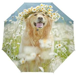 My Daily Golden Retriever Hond Mooie Krans Reizen Paraplu Auto Open/Sluiten Lichtgewicht Compact Winddicht, Meerkleurig, One_Size