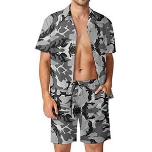 Grijze camouflage Hawaiiaanse bijpassende set 2-delige outfits button down shirts en shorts voor strandvakantie