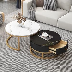Multifunctionele salontafel, 2-delig, met opberglade for woonkamer- en slaapkamerdecoratie, leistenen marmeren textuur en metalen frame (Color : Gold Frame+white+black)