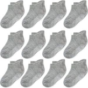 CozyWay Antislipsokken met grijpers - enkelstijl voor kleine meisjes en jongens, zuigelingen, peuters, kinderen, 12 stuks - effen grijs, 1-3 Years