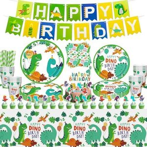 131 stuks dinosaurus-verjaardagsfeestaccessoires, decoraties en serviesset met dino-thema voor 20 porties, borden, ballonnen, tafelkleed