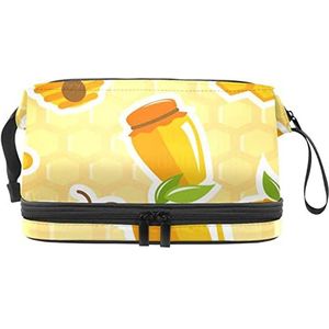 Grote capaciteit reizen cosmetische tas,make-up tas,Waterdichte make-up tas organisator, honing pot bijenkorf honingraat zoet, Meerkleurig, 27x15x14 cm/10.6x5.9x5.5 in