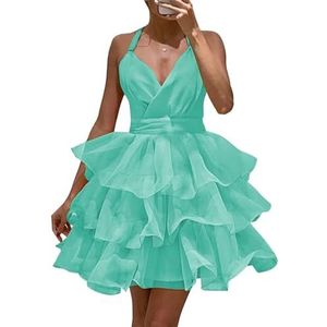 Tiener Gelaagde Tule Thuiskomst Jurk Halter Hals Gezwollen Backless Korte Prom Gown Cocktail Jurk, Turkoois, 32