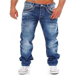 Herenjeans Met Rechte Pasvorm, Slim Fit, Stretch-werkjeans, Pure Kleur, Basic Casual Denim(Dark blue,3XL)