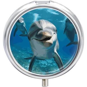 Grappige dolfijn om naar je te kijken, ronde pillendoos, reis-pillendoos, draagbare pillendoos, 23 vakken, medicijnen, metaal, tablethouder, vitamine-houder voor portemonnee, tas