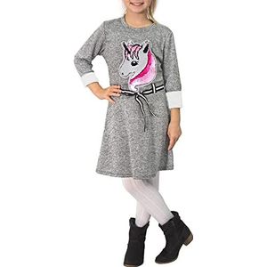 Candygirls Kinderjurk eenhoorn pailletten bont sweatshirt gebreide riem strepen meisjes 1682, grijs, 128 cm