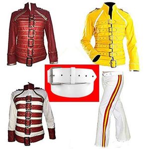 e_Genius Freddie Mercury Queen Wembly Stadium Concert Rock Band Kunstleer Cosplay Kostuum Jas, Rood & Wit Freddie Faux Jas, XL