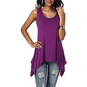 Dreamskull Dames vrouwen T-shirts bovenstuk blouses tops tuniek tunieken longshirt lang basic rugvrij mouwloos asymmetrisch katoen zomer dagelijks casual losse casual stretch S-3XL, paars, L