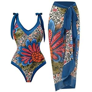 HOMRAA Badpak uit één stuk for dames, met strandbedekkende wikkelrok Vintage gewatteerde push-up badkleding for buikcontrole (Color : Blue2, Grootte : S)