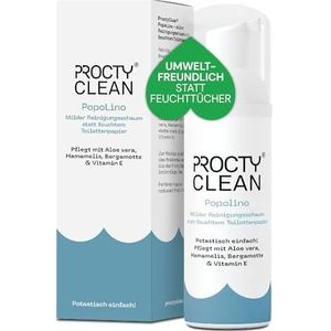ProctyClean PopoLino - mild reinigingsschuim in plaats van vochtig toiletpapier. Zacht popo schuim met aloë vera, toverhazelaar en vitamine E. Bij jeuk, aambeien en anale fissuur