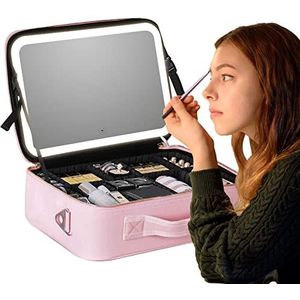 Make-up Organizer met Spiegel, Make-up koffer met spiegel en lampjes, PU lederen make-up tas voor cosmetica, sieraden, camera's, etherische oliën Delr