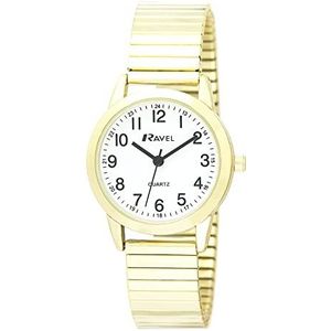 Ravel - Unisex Dagelijks Quartz Horloge met gestippelde Minute Track, Goudkleurig roestvrij staal, Womens - 27mm case, Armband