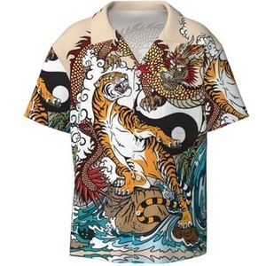 OdDdot Draken- en tijgerprint herenoverhemden atletisch slim fit korte mouw casual zakelijk overhemd met knopen, Zwart, XXL