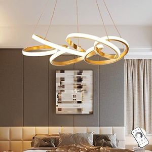 Moderne LED Hanglamp Eettafel Plafondlamp 5-Ring Hanglamp Woonkamer Hanglamp Slaapkamer in Hoogte Verstelbare Hanglamp Dimbare Afstandsbediening Kroonluchter Gouden Bloem Licht
