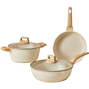 ABHOME Maifan Stone Nonstick Cookware Sets 3-delige potten en pannen set met houten handvatten, gegoten aluminium potten set - inclusief roerbakpannen met deksel, koekenpannen en steelpannen met deksels, beige, 12"" (D)
