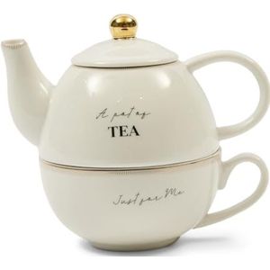 Riviera Maison - Theepot met kopje - Elegant Tea for One - porselein - kleur: wit/goud - 15,5 x 10 x 15 cm - 2-delig