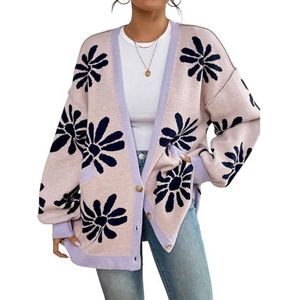 Dames oversized bloemenvest casual lange mouwen dames 2024 lichtgewicht vesten trui vrouwen button down vesten lange mouw V-hals vest drop shoulder gebreide trui tops met zakken, roze, M