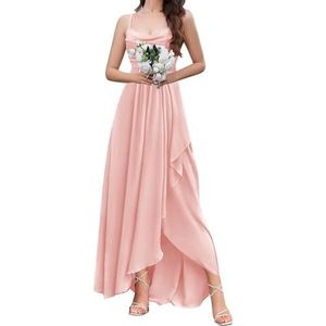 HPPEE Dames chiffon ronde hals bruidsmeisjesjurken met split ruches A-lijn formele avondjurk, Blush Roze, 40