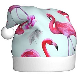 LAMAME Roze Flamingo's bedrukte kerstmuts feestfeestdecoratie hoed pluche kerstmuts