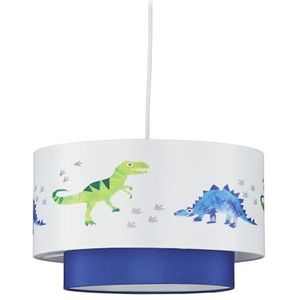 Relaxdays dino-hanglamp, ronde lampenkap met dinosaurus print, voor de kinder- of babykamer, HxØ 126 x 30 cm, wit-blauw