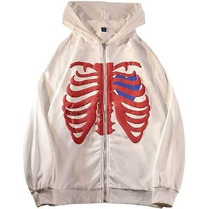 Skeleton Zip Up Hoodie Voor Dames Heren Skeleton Jas Zwart Herfst Lente Sweatshirt (Color : White, Size : S)