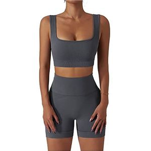 Naadloze 2-delige atletische dameskledingset met geribbelde hoge taille legging met sportbeha perfect voor sportschool, training en zomeractiviteiten, Leisteen Grijs, M