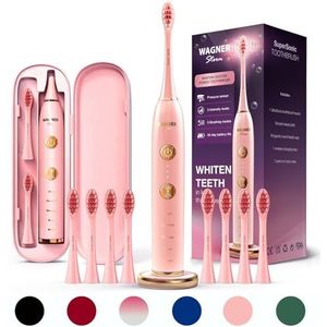 Wagner & Stern WHITEN+ Edition. Slimme elektrische tandenborstel met druksensor, 5 poetsmodi en 3 intensiteitsniveaus, 8 zachte nrush-hoofden, premium reiskoffer. (Pink)